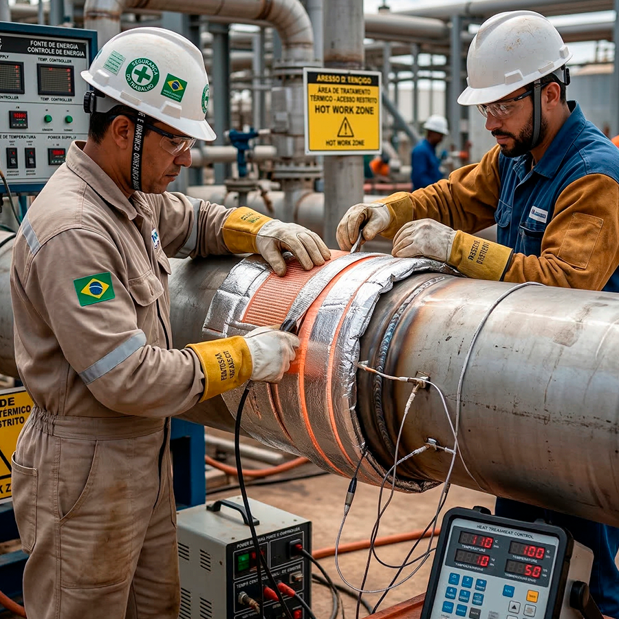 Soldador industrial realizando tratamento térmico em tubulação petroquímica